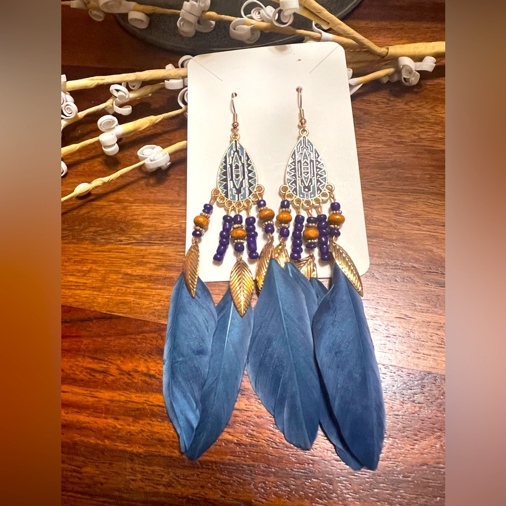 2/12$ Boho blue feather dangle earrings